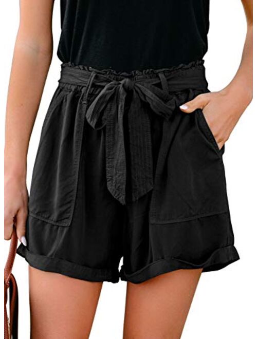 Sidefeel Women Frayed Raw Hem Shorts Elastic Waist Drawstring Casual Short Pants