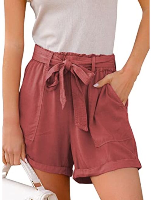 Sidefeel Women Frayed Raw Hem Shorts Elastic Waist Drawstring Casual Short Pants