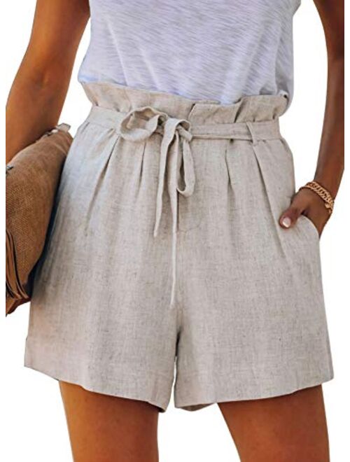 Sidefeel Women Frayed Raw Hem Shorts Elastic Waist Drawstring Casual Short Pants