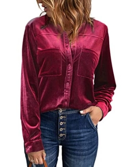 Sidefeel Women Retro Velvet Long Sleeve Button Down Shirt Solid Color Blouse Tops