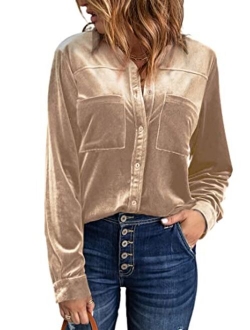 Sidefeel Women Retro Velvet Long Sleeve Button Down Shirt Solid Color Blouse Tops