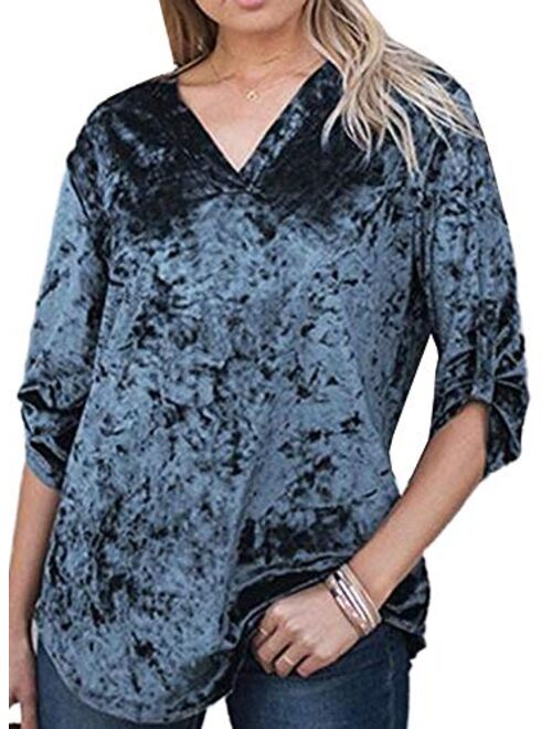 Sidefeel Women Retro Velvet Long Sleeve Button Down Shirt Solid Color Blouse Tops