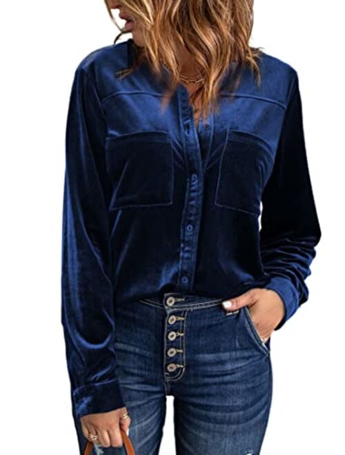 Sidefeel Women Retro Velvet Long Sleeve Button Down Shirt Solid Color Blouse Tops