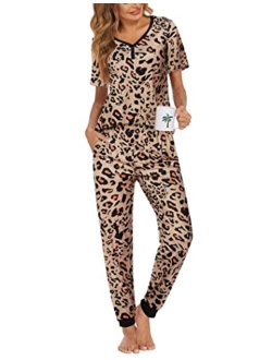 Womens Short Sleeve Long Pants Pajamas Set With Pockets