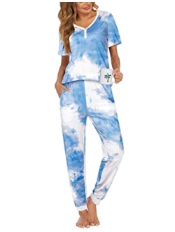 Womens Short Sleeve Long Pants Pajamas Set With Pockets