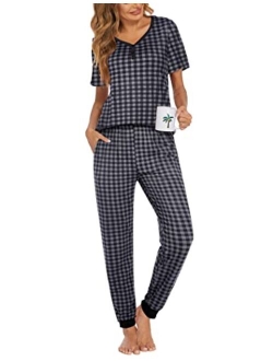 Womens Short Sleeve Long Pants Pajamas Set With Pockets