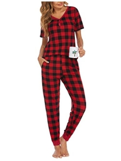 Womens Short Sleeve Long Pants Pajamas Set With Pockets