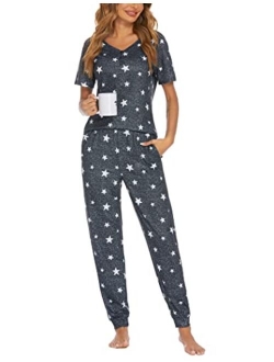 Womens Short Sleeve Long Pants Pajamas Set With Pockets