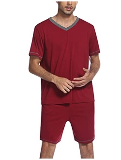 Mens Pajama Set Short Sleeve V Neck 2 Piece Nightwear Shorts With Pockets Summer Sleepwear PJS for Men