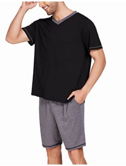 Mens Pajama Set Short Sleeve V Neck 2 Piece Nightwear Shorts With Pockets Summer Sleepwear PJS for Men