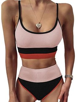 Sidefeel Women Striped Color Block Knit Ribbed High Waist Bikini Set 2 Piece Swimsuits