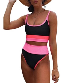 Sidefeel Women Striped Color Block Knit Ribbed High Waist Bikini Set 2 Piece Swimsuits