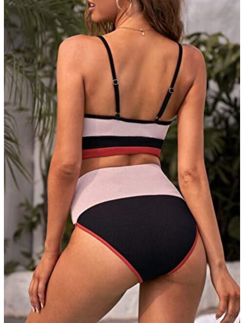 Sidefeel Women Striped Color Block Knit Ribbed High Waist Bikini Set 2 Piece Swimsuits