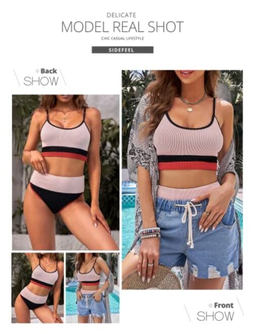 Sidefeel Women Striped Color Block Knit Ribbed High Waist Bikini Set 2 Piece Swimsuits