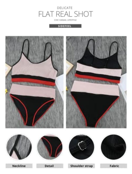 Sidefeel Women Striped Color Block Knit Ribbed High Waist Bikini Set 2 Piece Swimsuits