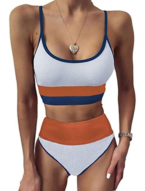 Sidefeel Women Striped Color Block Knit Ribbed High Waist Bikini Set 2 Piece Swimsuits