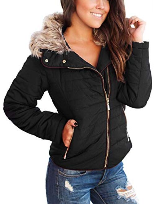 Sidefeel Women Faux Fur Collar Zip Up Front Coat Quilted Jacket Outwear Cardigan