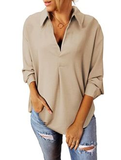 Sidefeel Women Business Cuffed Sleeves Casual V Neck Henley Shirt Work Blouse Top