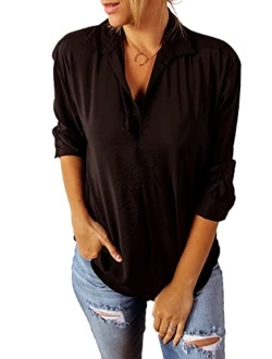 Sidefeel Women Business Cuffed Sleeves Casual V Neck Henley Shirt Work Blouse Top