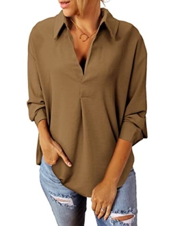 Sidefeel Women Business Cuffed Sleeves Casual V Neck Henley Shirt Work Blouse Top