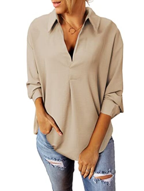 Sidefeel Women Business Cuffed Sleeves Casual V Neck Henley Shirt Work Blouse Top