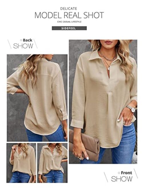 Sidefeel Women Business Cuffed Sleeves Casual V Neck Henley Shirt Work Blouse Top