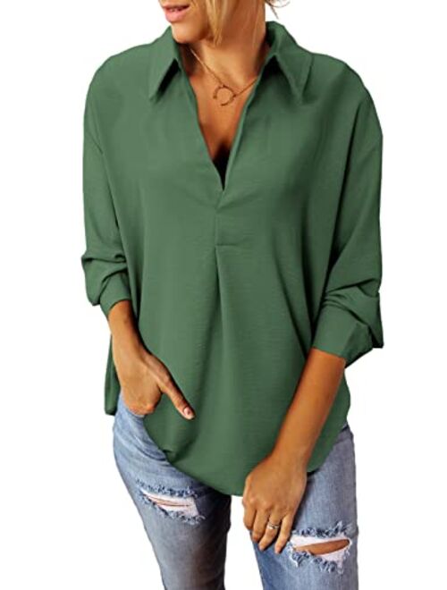 Sidefeel Women Business Cuffed Sleeves Casual V Neck Henley Shirt Work Blouse Top