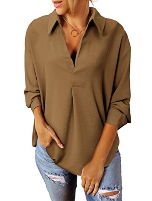 Sidefeel Women Business Cuffed Sleeves Casual V Neck Henley Shirt Work Blouse Top