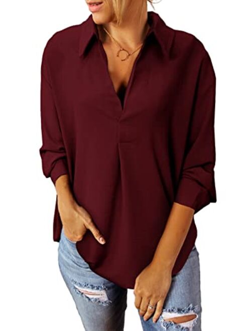 Sidefeel Women Business Cuffed Sleeves Casual V Neck Henley Shirt Work Blouse Top