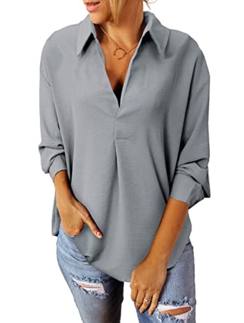 Sidefeel Women Business Cuffed Sleeves Casual V Neck Henley Shirt Work Blouse Top