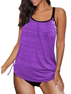 Sidefeel Women Blouson Striped Print Strappy T-Back Swimsuit Push up Tankini Set