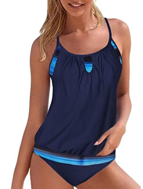 Sidefeel Women Blouson Striped Print Strappy T-Back Swimsuit Push up Tankini Set