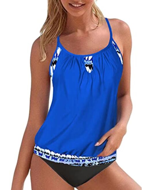 Sidefeel Women Blouson Striped Print Strappy T-Back Swimsuit Push up Tankini Set