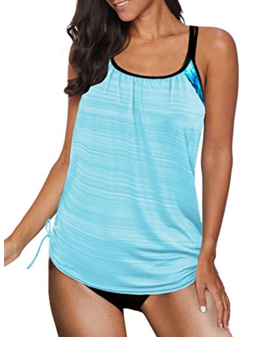 Sidefeel Women Blouson Striped Print Strappy T-Back Swimsuit Push up Tankini Set