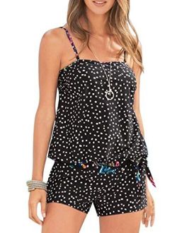 Sidefeel Women Tankini Tummy Control Swimwear Tank Top Polka dot Printed Boyshorts Two Piece Bathing Suit S-XXL