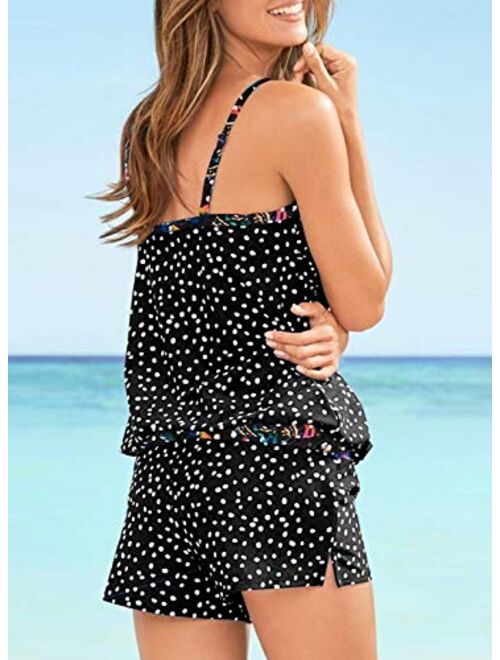 Sidefeel Women Tankini Tummy Control Swimwear Tank Top Polka dot Printed Boyshorts Two Piece Bathing Suit S-XXL