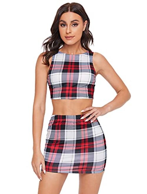 Romwe Women's 2 Piece Crop Tank Top with Skirt Set Plaid Bodycon Mini Dress