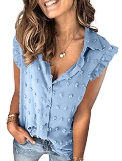 Sidefeel Womens V Neck Chiffon Blouse Pom Pom Long Sleeve Button Shirt Tops