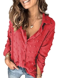 Sidefeel Womens V Neck Chiffon Blouse Pom Pom Long Sleeve Button Shirt Tops