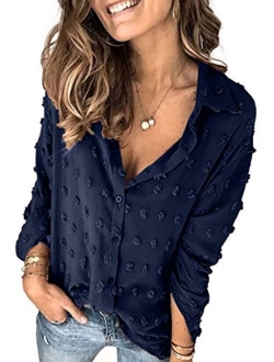 Sidefeel Womens V Neck Chiffon Blouse Pom Pom Long Sleeve Button Shirt Tops