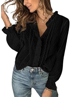 Sidefeel Womens V Neck Chiffon Blouse Pom Pom Long Sleeve Button Shirt Tops