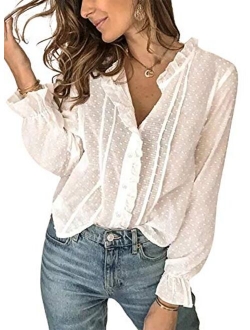 Sidefeel Womens V Neck Chiffon Blouse Pom Pom Long Sleeve Button Shirt Tops