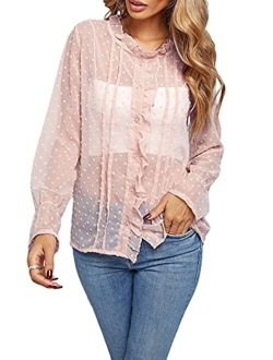 Sidefeel Womens V Neck Chiffon Blouse Pom Pom Long Sleeve Button Shirt Tops