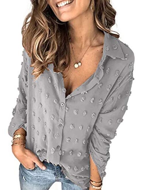 Sidefeel Womens V Neck Chiffon Blouse Pom Pom Long Sleeve Button Shirt Tops