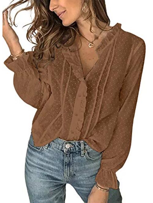 Sidefeel Womens V Neck Chiffon Blouse Pom Pom Long Sleeve Button Shirt Tops