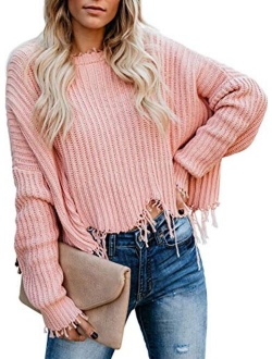 Sidefeel Women V-Neck Long Sleeve Loose Ripped Pullover Knit Sweater Crop Top