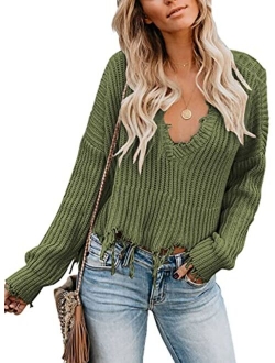 Sidefeel Women V-Neck Long Sleeve Loose Ripped Pullover Knit Sweater Crop Top