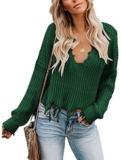 Sidefeel Women V-Neck Long Sleeve Loose Ripped Pullover Knit Sweater Crop Top