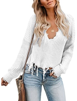 Sidefeel Women V-Neck Long Sleeve Loose Ripped Pullover Knit Sweater Crop Top