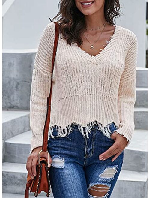 Sidefeel Women V-Neck Long Sleeve Loose Ripped Pullover Knit Sweater Crop Top